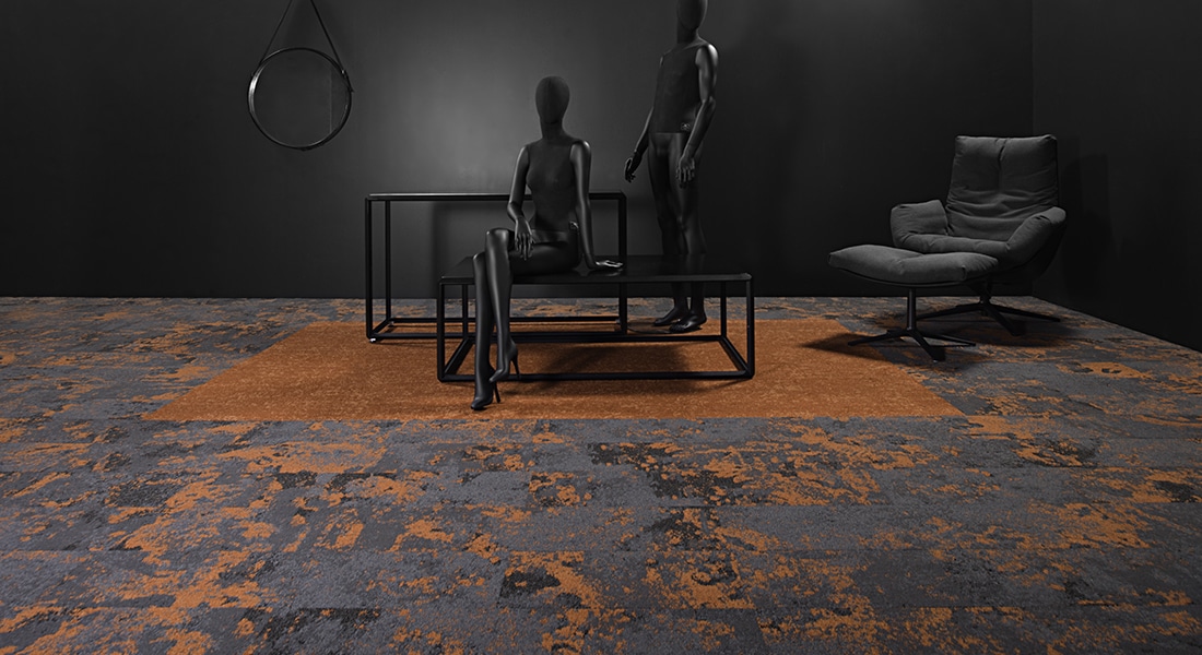 Pure_Misty_Moss4 | Grey & Orange Patterned Carpet Planks | Misty Pure Planks - A carpet tile collection by signature floor coverings | Order custom carpet samples for your carpet flooring project | commercial flooring with carpet planks